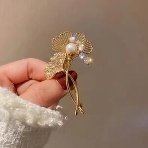 Gold Floral Brooch with Pearl Accent